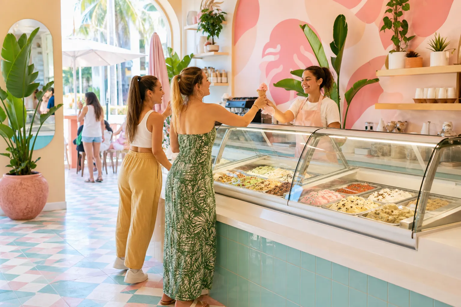 A bright Miami paleta and ice cream counter with tropical color