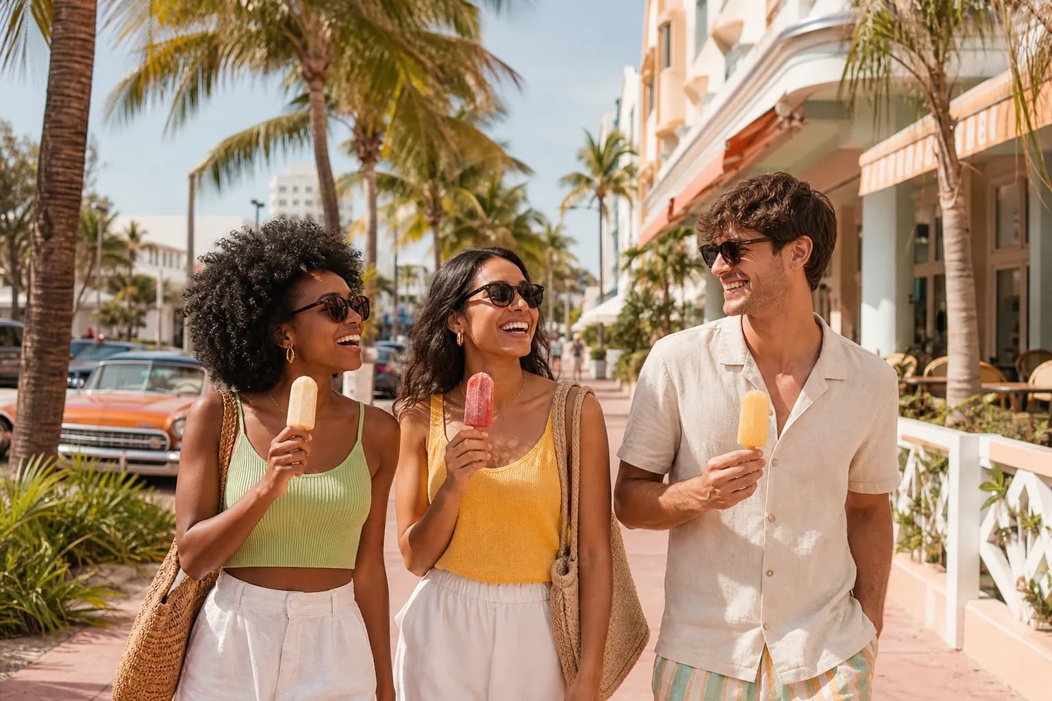Friends walking under palm shade with frozen treats
