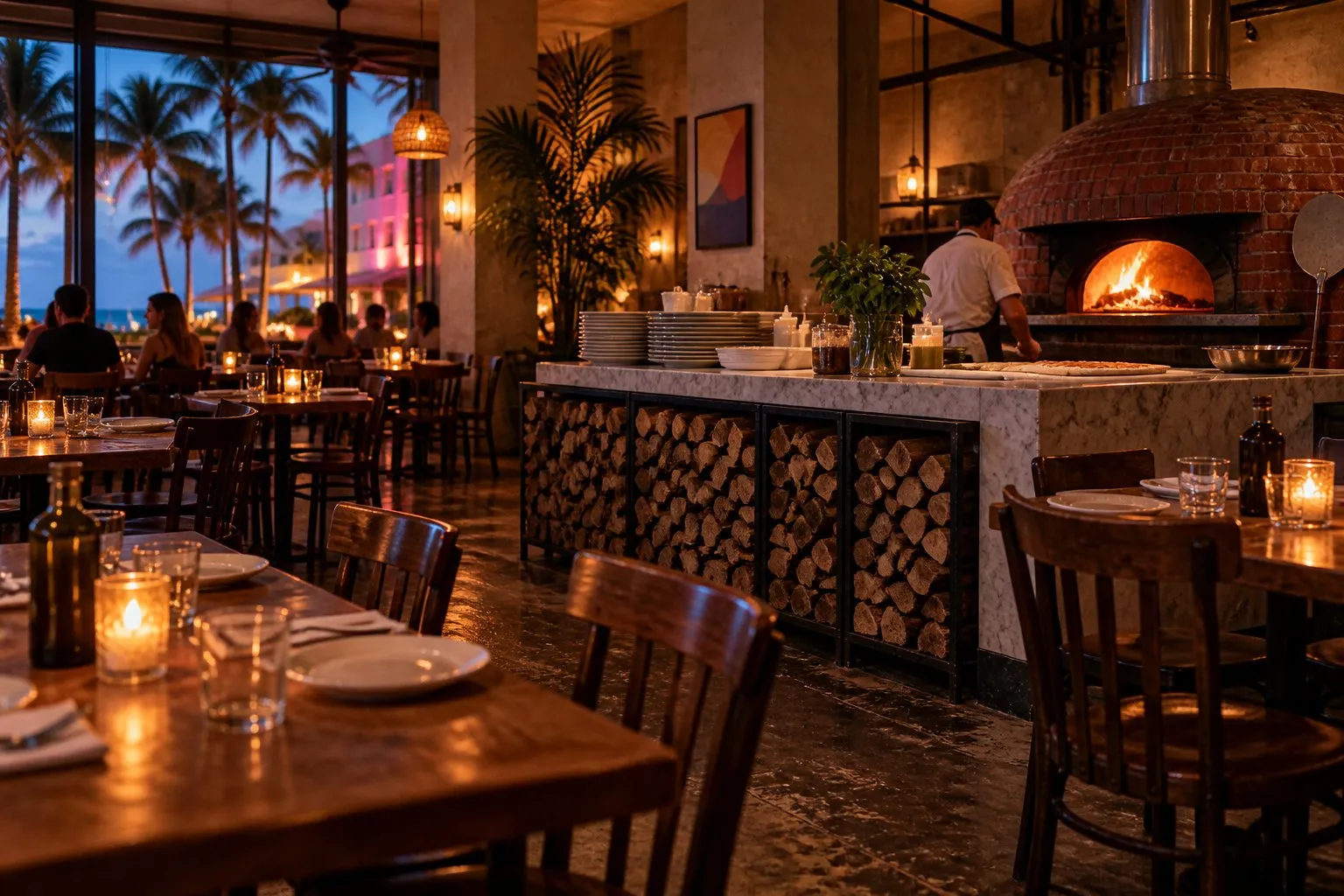 Candlelit Lucali dining room in Miami Beach with wooden tables, a brick oven, marble work counter and stacked firewood