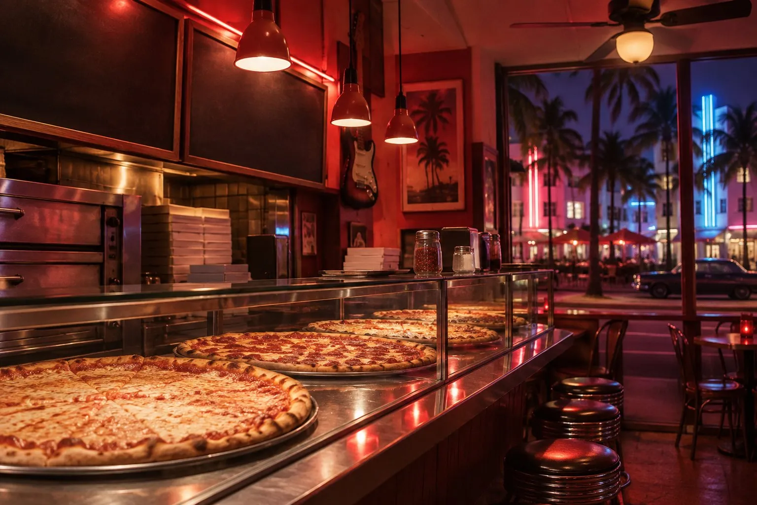 Pizza Bar in South Beach with oversized pizza boxes, red neon light and black menu boards in a rock-and-roll interior