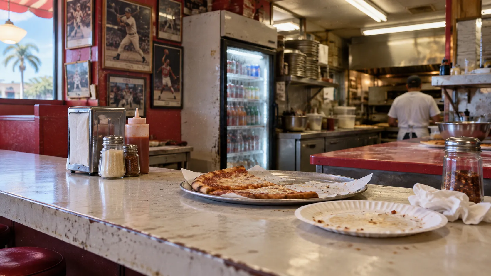 Worn Formica counter, red work surfaces, rattling cooler, faded sports memorabilia and fluorescent light in Frankie’s compact kitchen