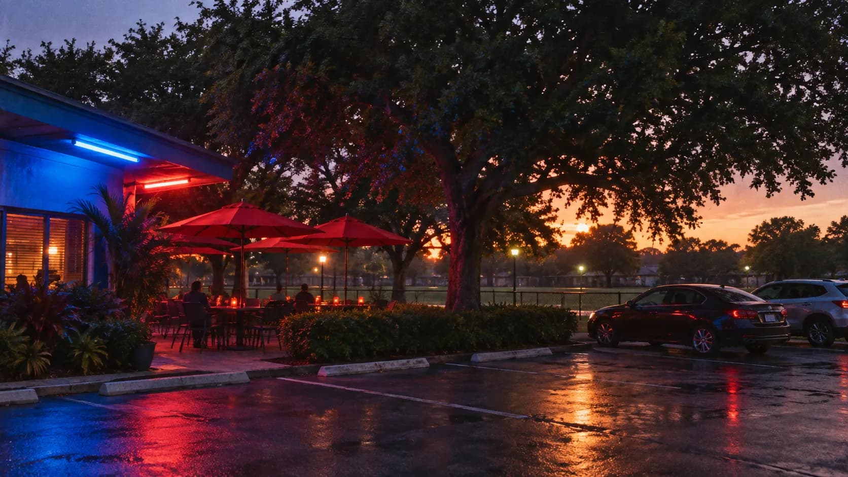 Dusk view of Frankie’s modest parking lot, rear outdoor tables, red umbrellas and blue-red neon glow without lettering or faces
