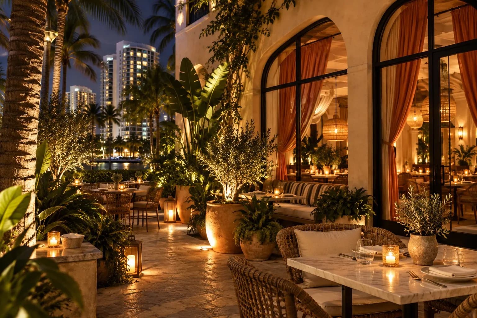 Warmly lit Fooq's courtyard in Little River with planted seating and the restaurant's intimate dining room beyond