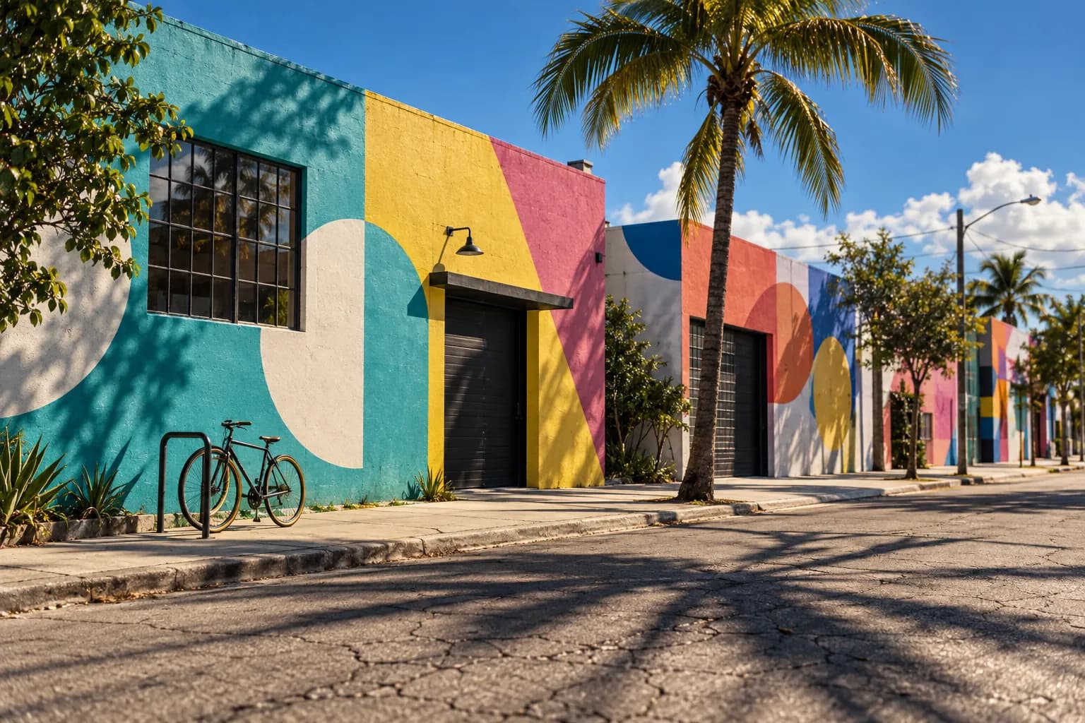 A Wynwood side street with painted warehouse walls in strong afternoon light