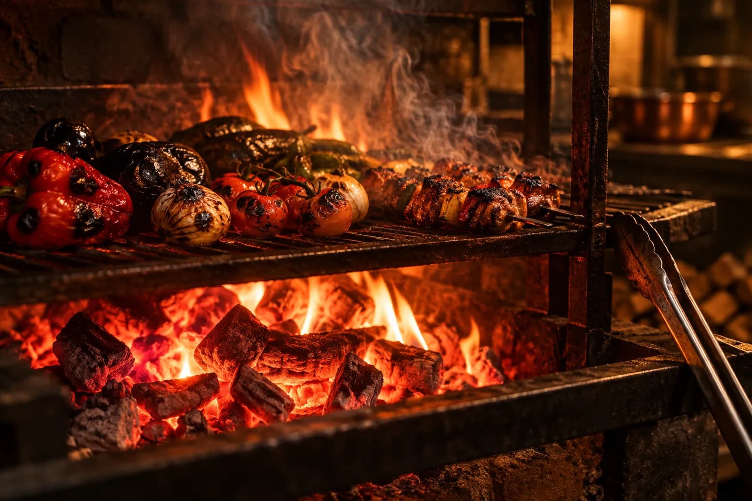Vegetables and skewers charring over an open wood fire in a restaurant kitchen