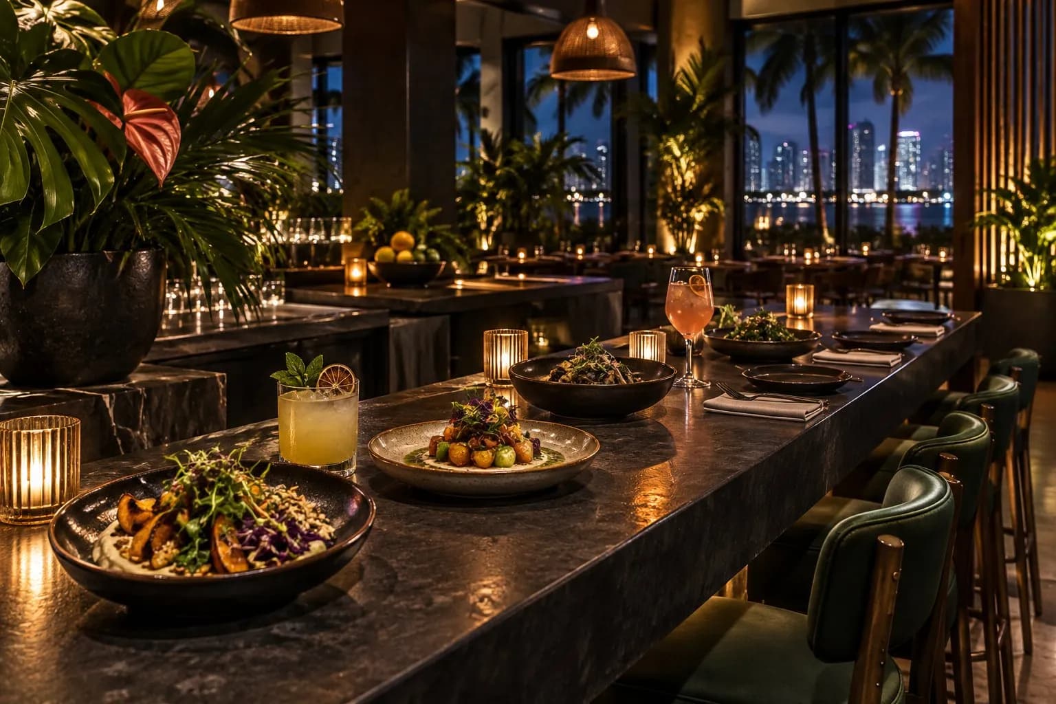 Moody evening dining room at PLANTA Queen in Coconut Grove with vegan dishes on tables