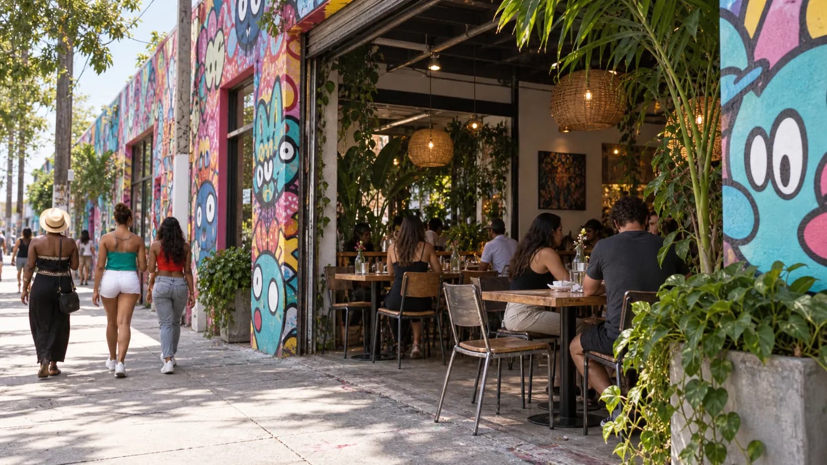 Wide sidewalk-facing view of Love Life Cafe’s low Wynwood storefront, open dining frontage, warm wood tables, patterned tiles and leafy greenery, without lettering or faces.