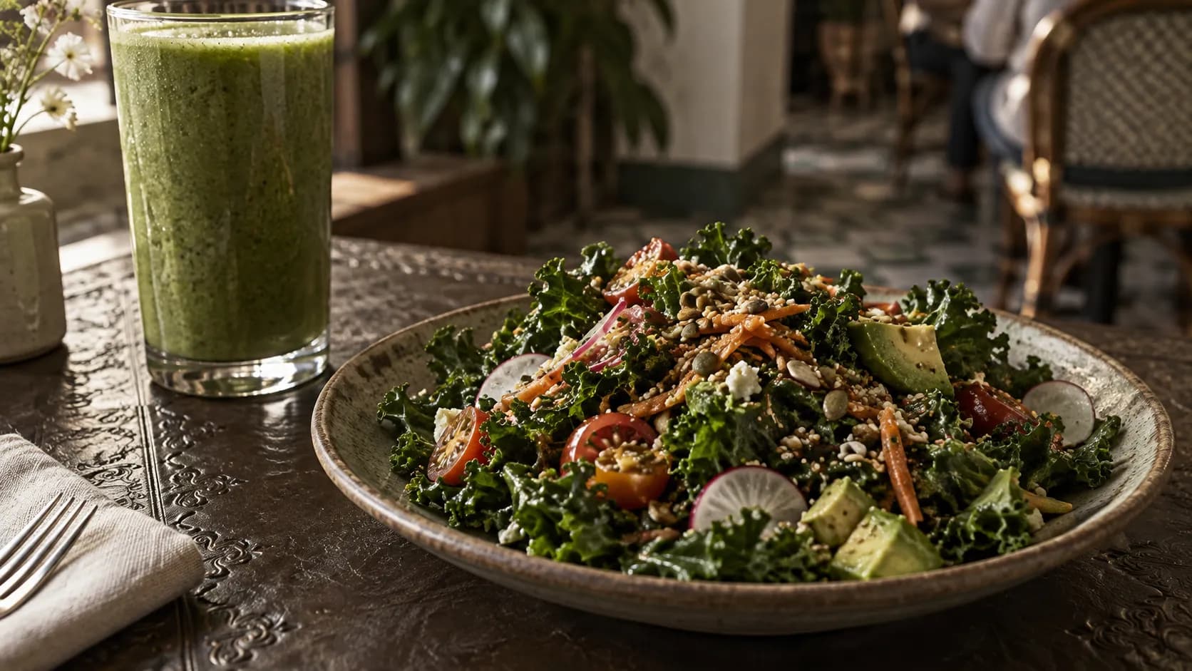 Close, low-angle plated kale salad beside a green smoothie, with crisp greens, seeds and colourful vegetables against a softly blurred tiled interior.