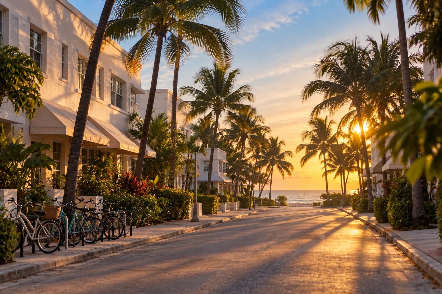 A Miami Beach side street in early morning light with low buildings