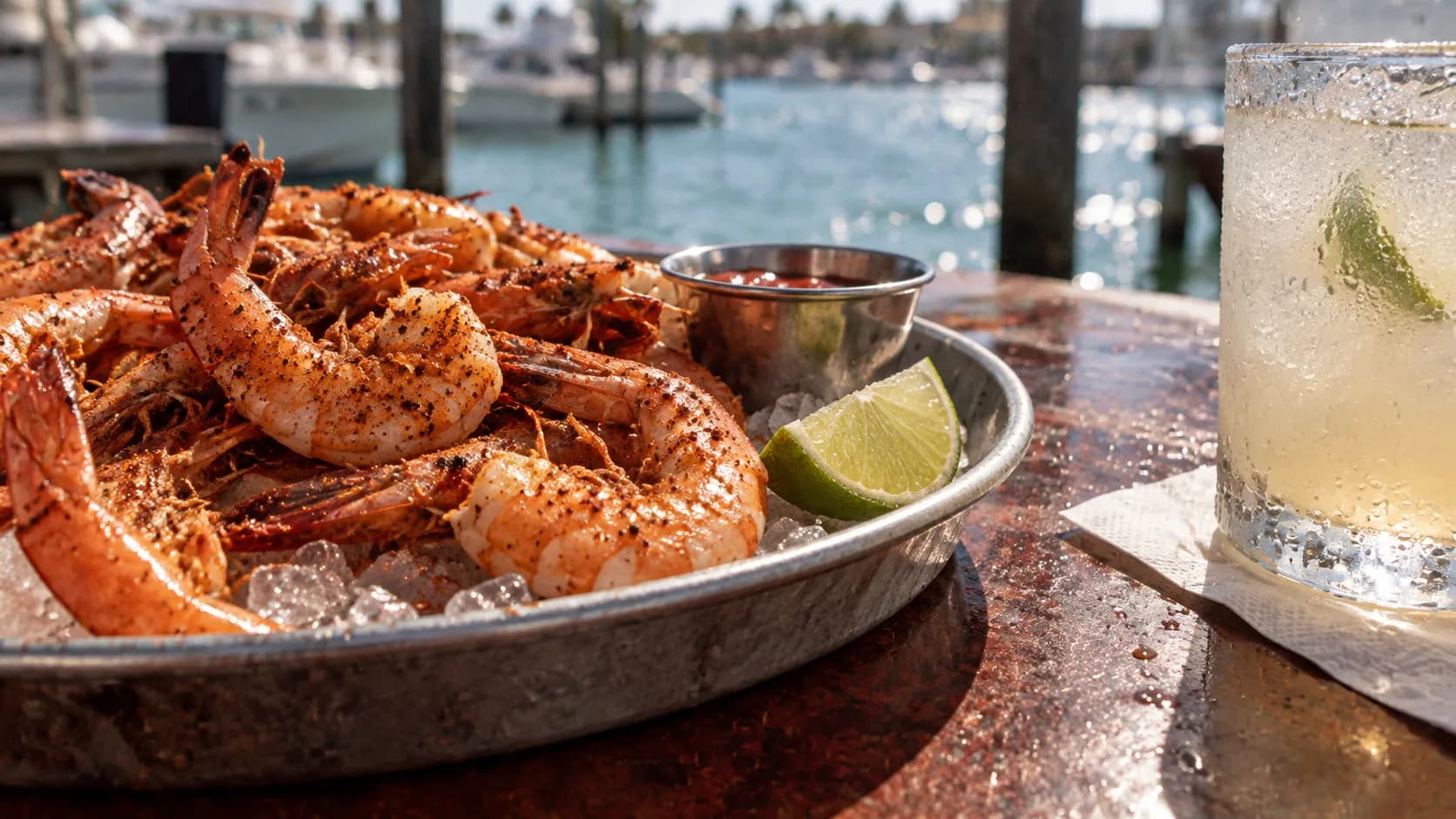 Metal tray of chilled Old Bay shrimp with lime, dipping cup and a condensation-covered cocktail glass beside softly blurred marina water.