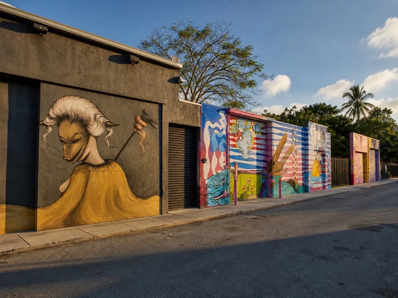 Low warehouse block on a Miami avenue with painted walls and parked cars