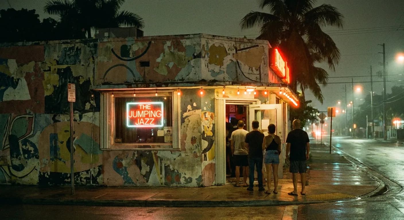 Night exterior of a small Miami dive-bar music venue with neon glow, string lights over the door and a short line outside