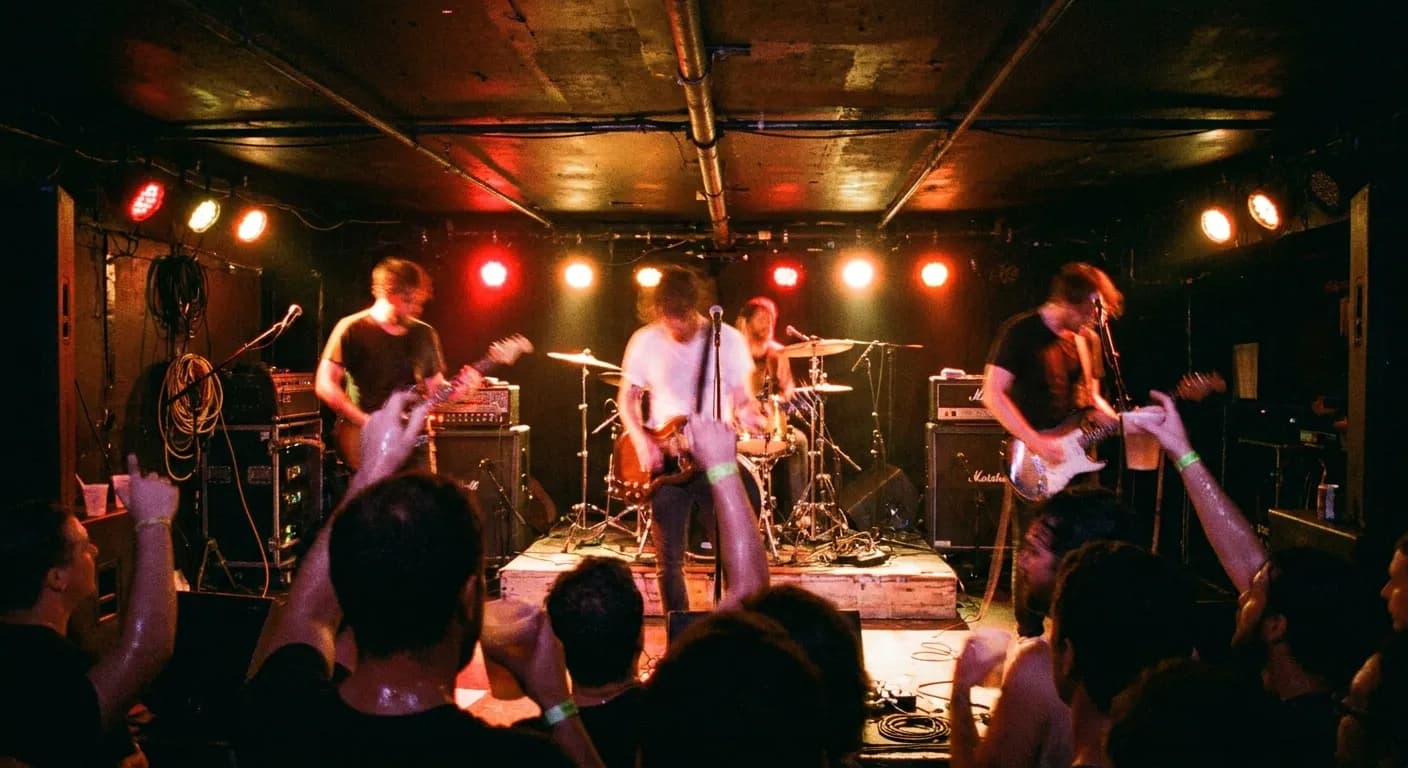 Crowd standing close to a low stage inside a tiny Miami club as a band plays under red and amber lights