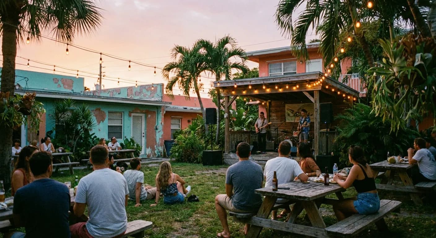 Open-air Miami courtyard venue at dusk with a small stage, festoon lights and an audience on the lawn