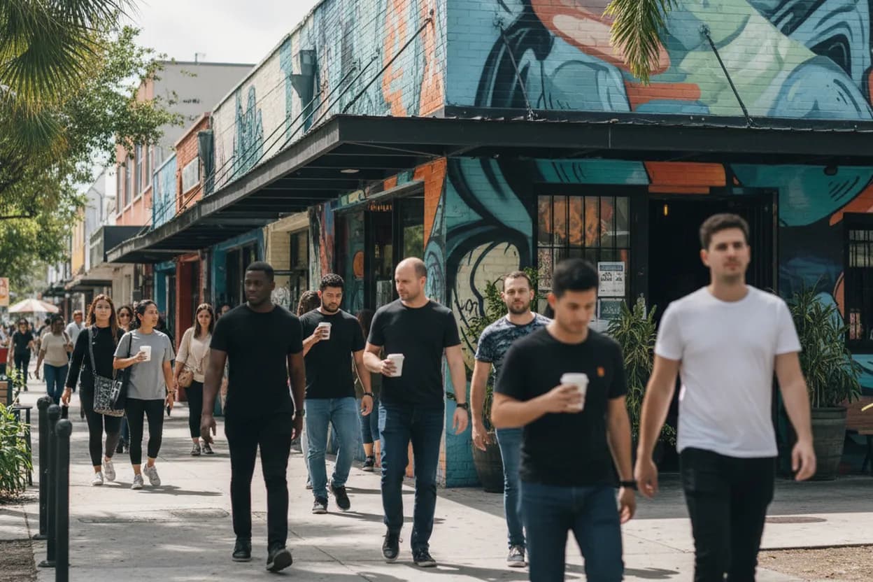 Miami experience scene for Miami cafes for discussing tesla stock performance and market trends