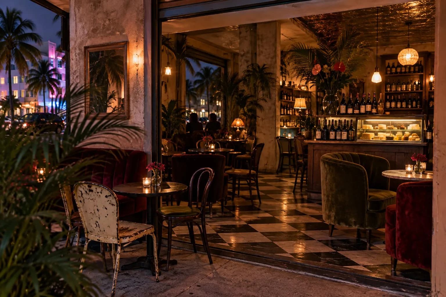 Vintage seating and a self-service wine bar with snacks in Little River
