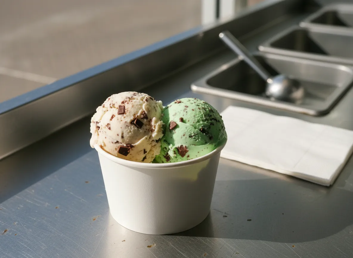 Two scoops of mint chocolate chip side by side in a white paper cup on a stainless steel counter, one pale off-white and one bright green, in hard afternoon light