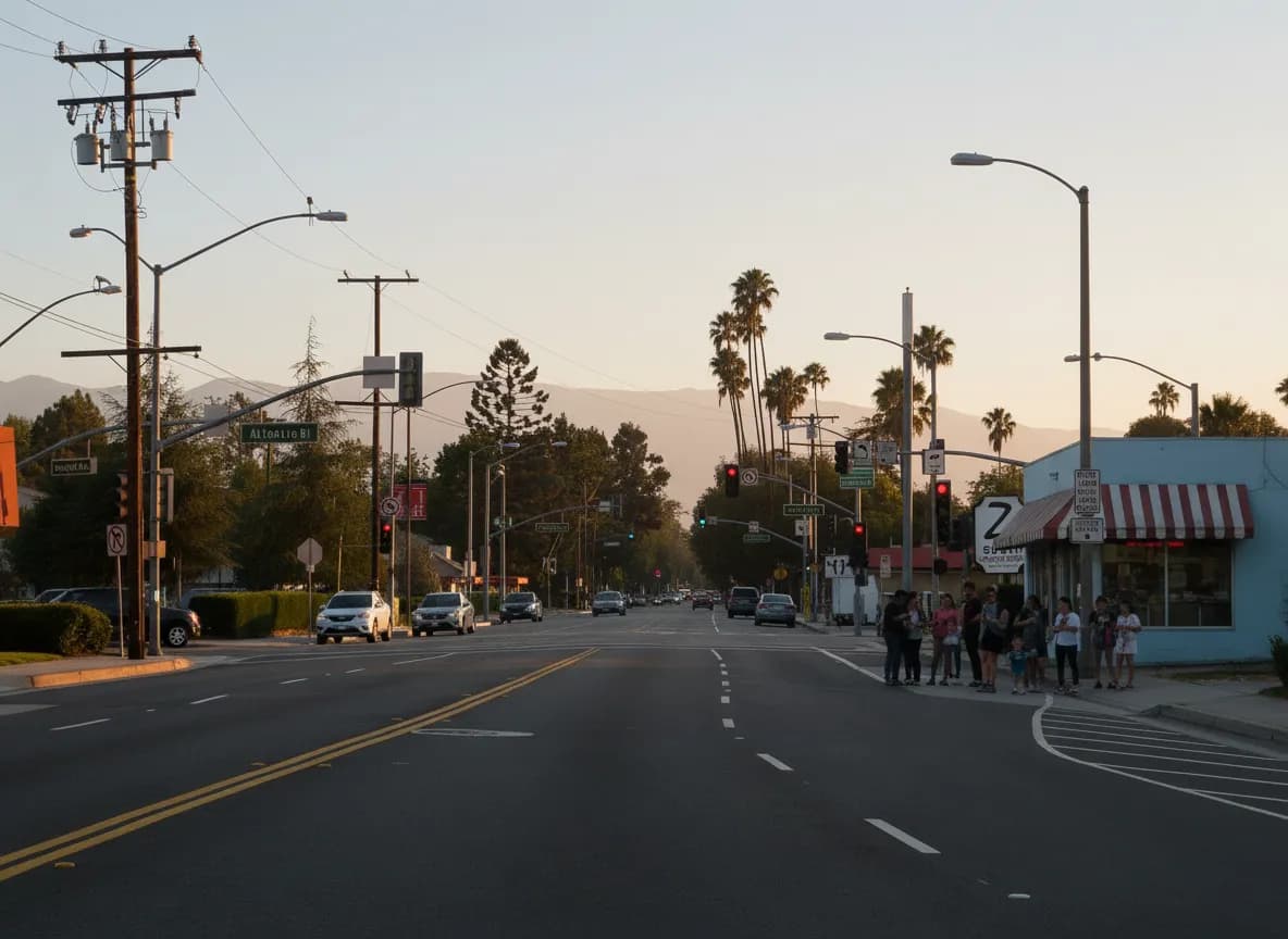 A wide San Gabriel Valley street at golden hour with low storefronts, a striped awning and a queue of people waiting outside a small ice cream parlour