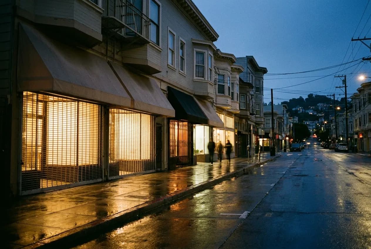 A row of low storefronts with painted signs and awnings along a Mission District street in San Francisco at dusk