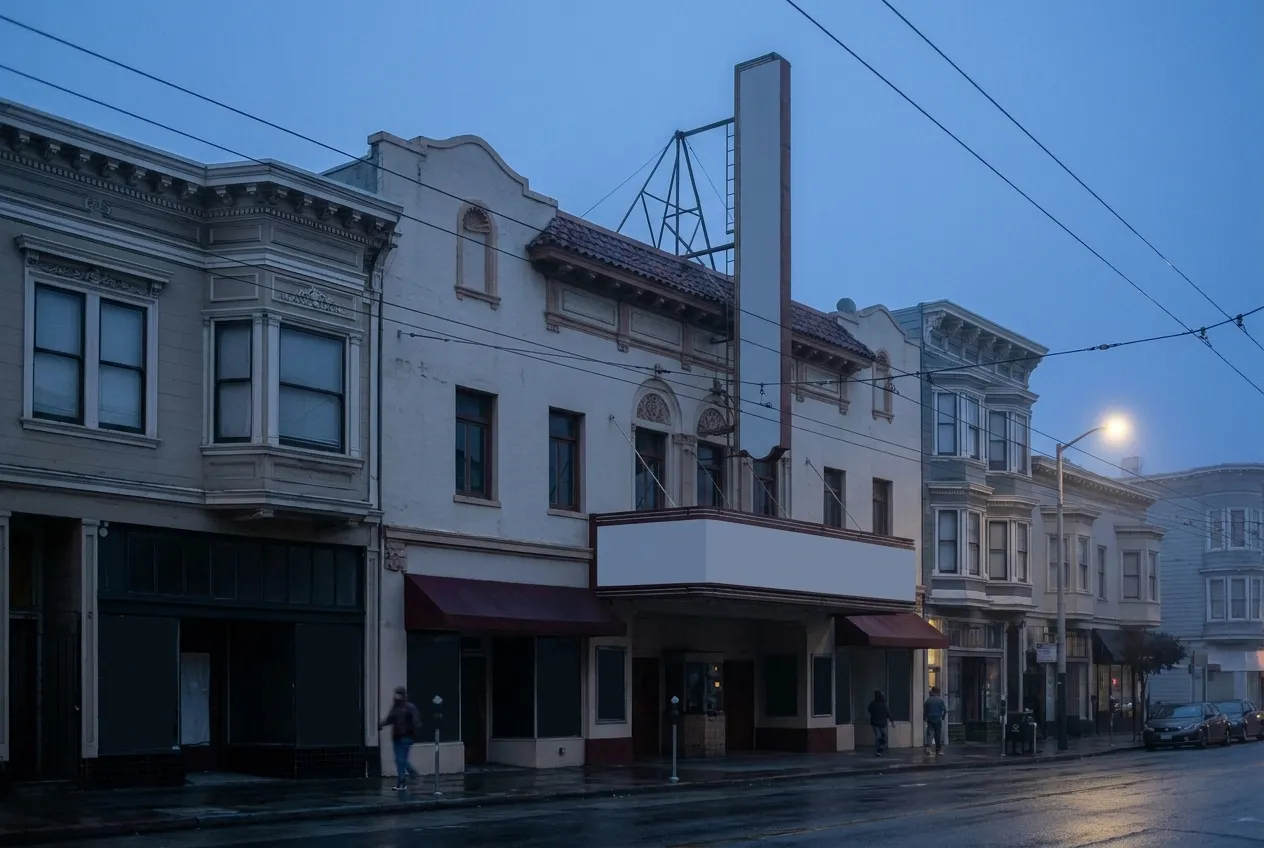 An ornate old theatre facade with a vertical marquee sign structure on a city street at dusk