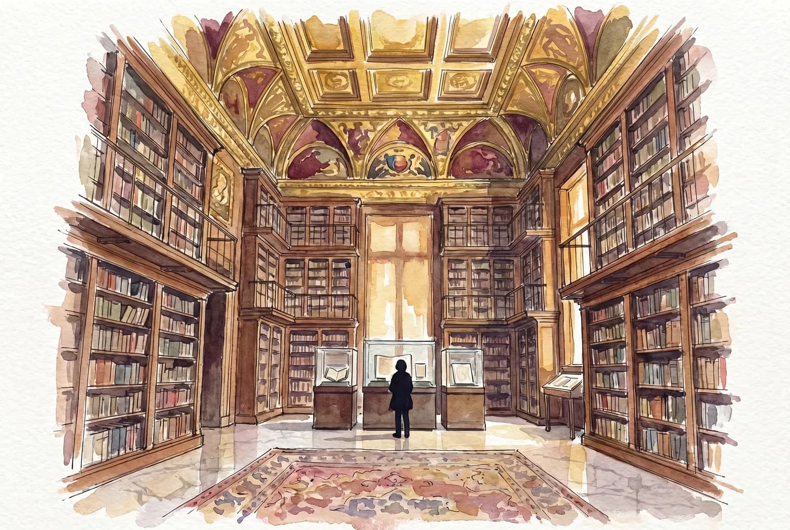 AI-generated watercolor: grand East Room of The Morgan Library, three-story walnut bookshelves, gilded coffered ceiling with Renaissance murals, small silhouetted figure dwarfed by the space