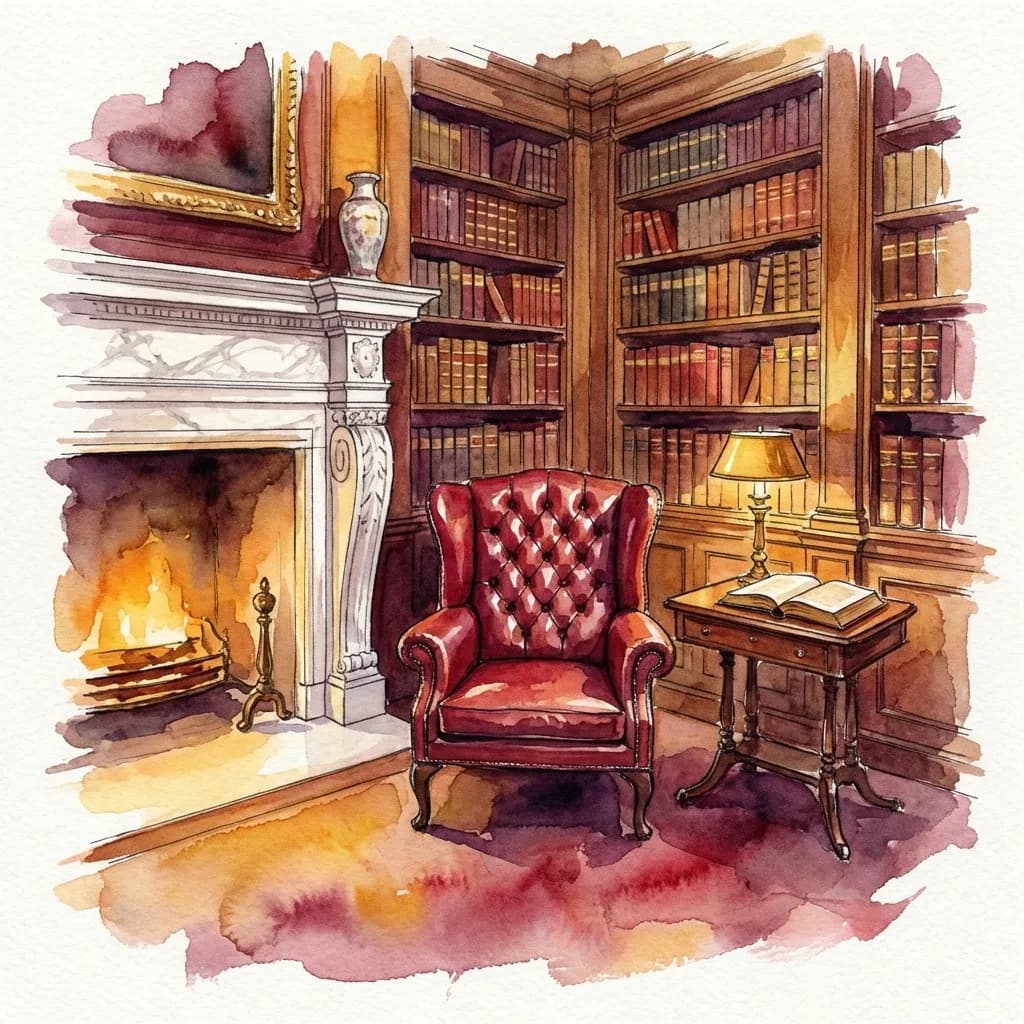 AI-generated watercolor: empty red leather armchair beside a carved marble fireplace in a private library study, warm fireplace glow, books and reading lamp on a side table