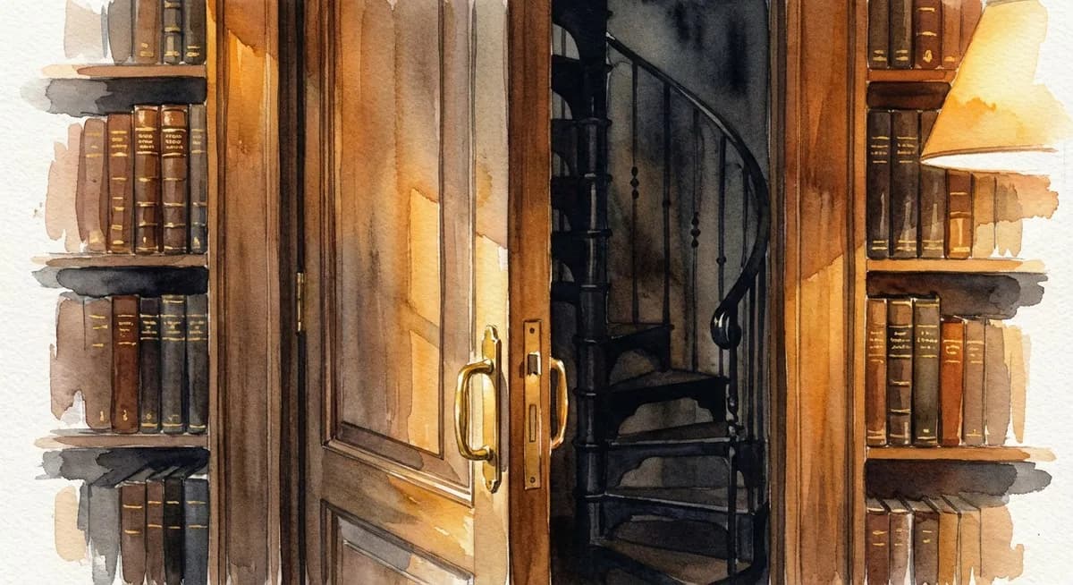 AI-generated watercolor: walnut bookshelf with a brass handle and slightly ajar hidden door revealing a curved wrought iron spiral staircase behind it, warm amber library light