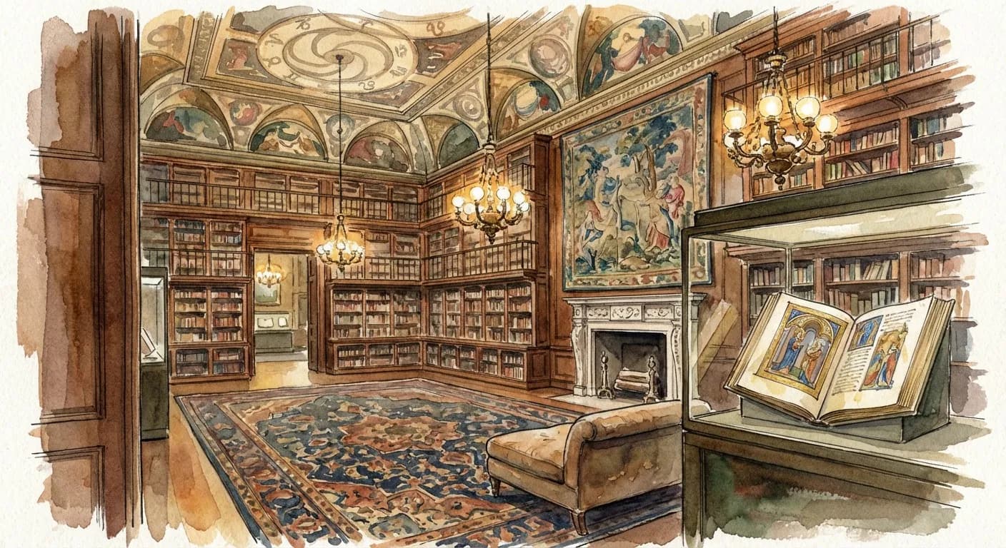 AI-generated watercolor: interior of the East Room at the Morgan Library New York, three-story Circassian walnut bookshelves rising to a zodiac-painted ceiling, amber chandelier light, central ottoman on a Persian rug