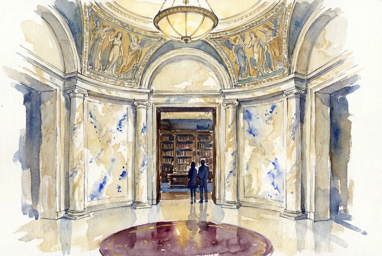 AI-generated watercolor: the Rotunda of the Morgan Library, vaulted marble foyer with lapis lazuli columns and mosaic ceiling panels, porphyry disc floor, two silhouetted figures at the East Room doorway