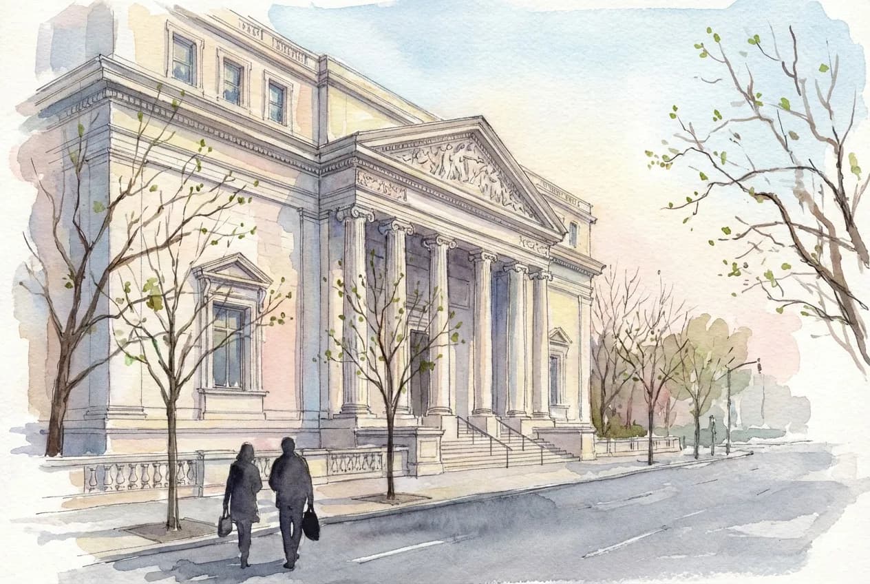 AI-generated watercolor: exterior of the 1906 Morgan Library at 225 Madison Avenue New York, Tennessee marble facade with Ionic columns and pediment, early spring trees, two silhouetted pedestrians on the sidewalk