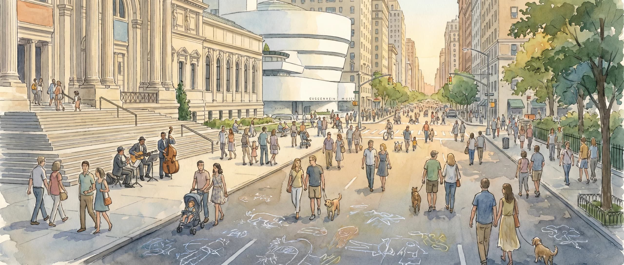 AI-generated watercolor: Fifth Avenue closed to cars on the second Tuesday of June, pedestrians strolling between the Met and the Guggenheim at golden hour during the Museum Mile Festival
