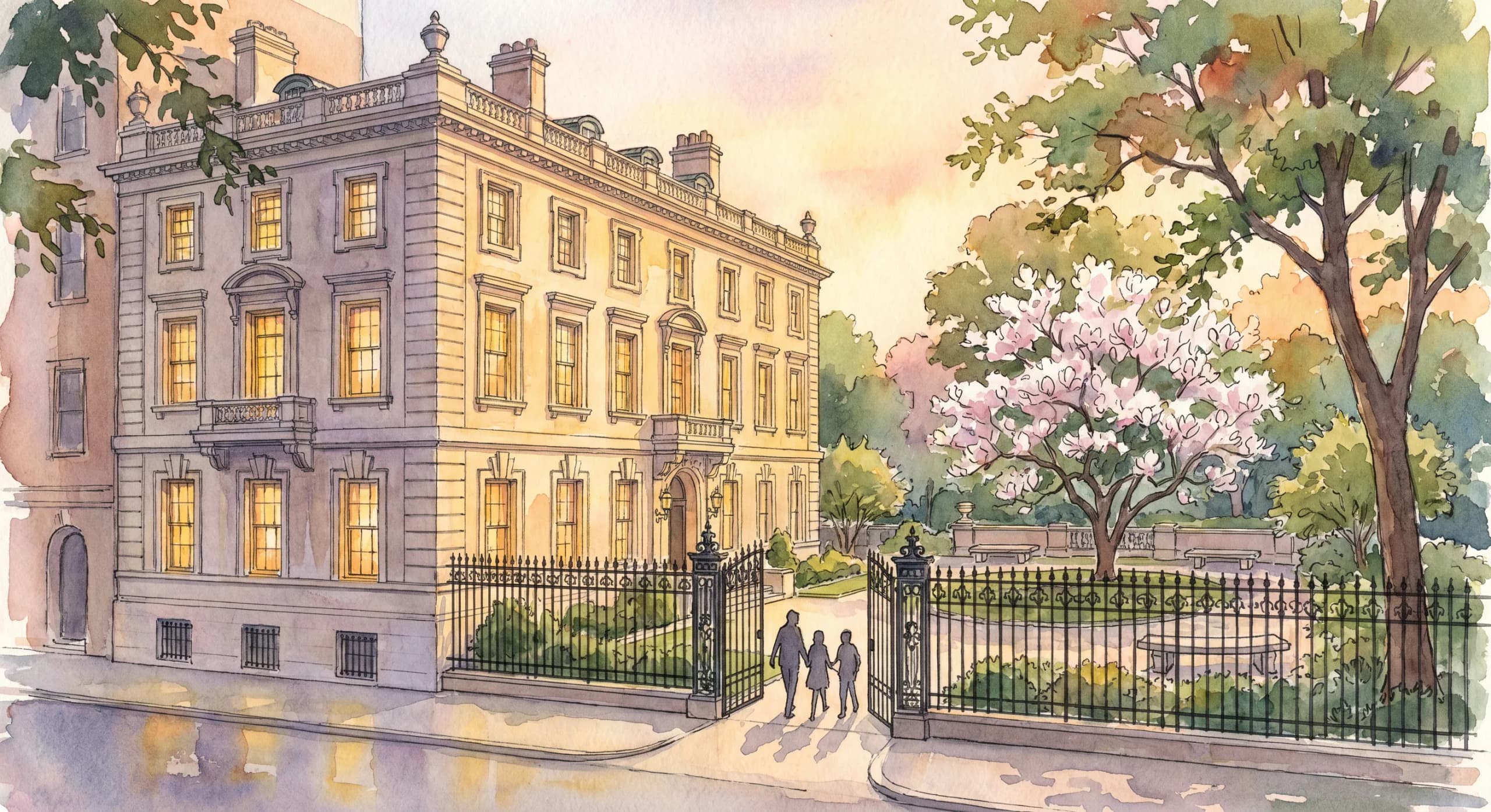 AI-generated watercolor: Cooper Hewitt at the Andrew Carnegie Mansion on East 91st Street, the Arthur Ross Terrace and Garden gate open to non-ticket holders for one evening only during the Museum Mile Festival