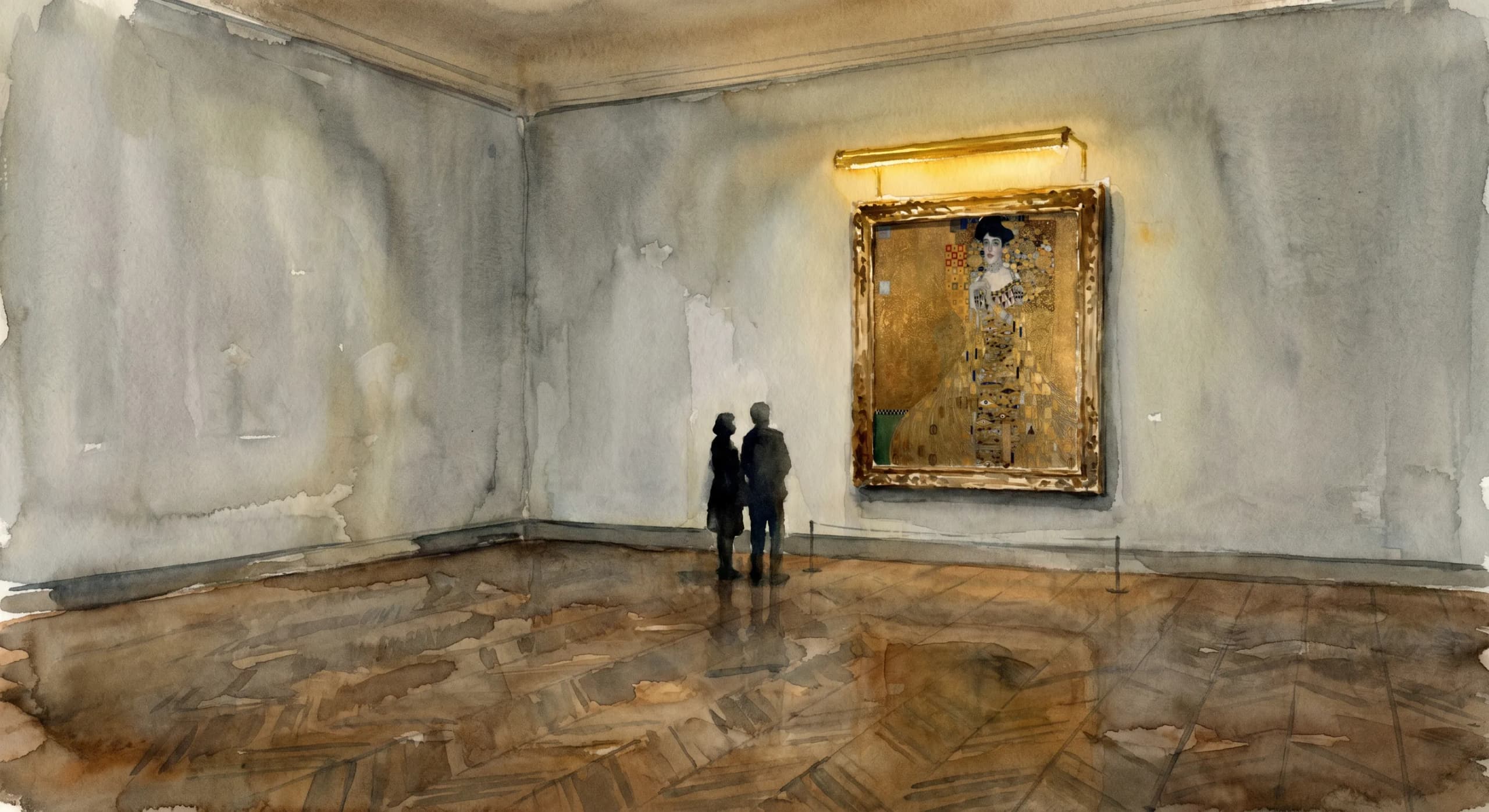 AI-generated watercolor: the Neue Galerie's second-floor Klimt room on Museum Mile Tuesday, Adele Bloch-Bauer I lit by a single picture light, two visitors standing five feet from the painting