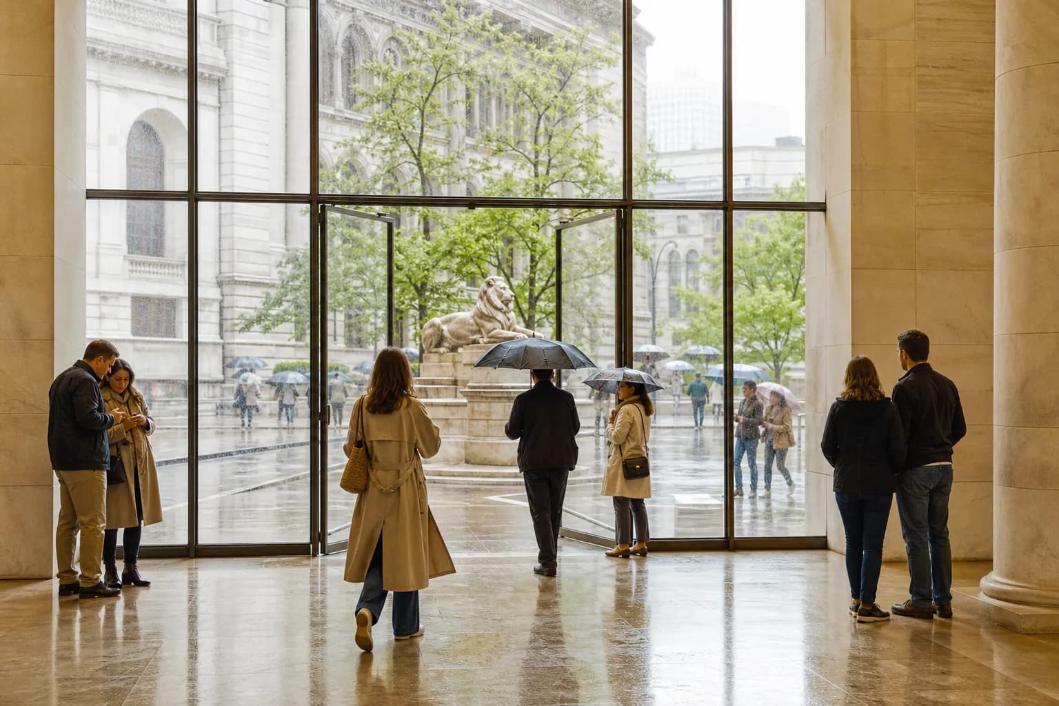 A bright rainy-day NYC museum lobby with umbrellas and stone floor