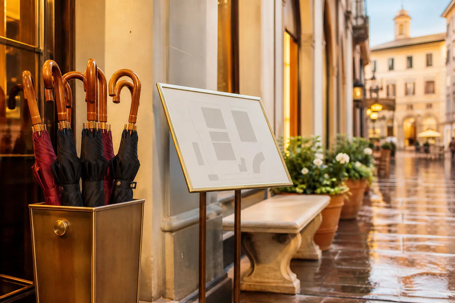 Umbrella and museum-lobby details with wet reflections