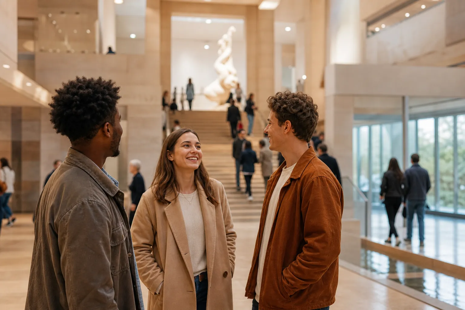 Friends waiting in a spacious museum lobby before choosing an exhibit