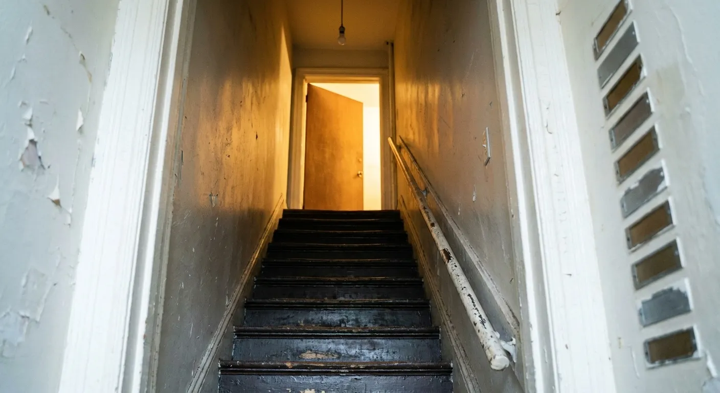 A narrow stairway inside a Manhattan building leading up to an upper-floor restaurant