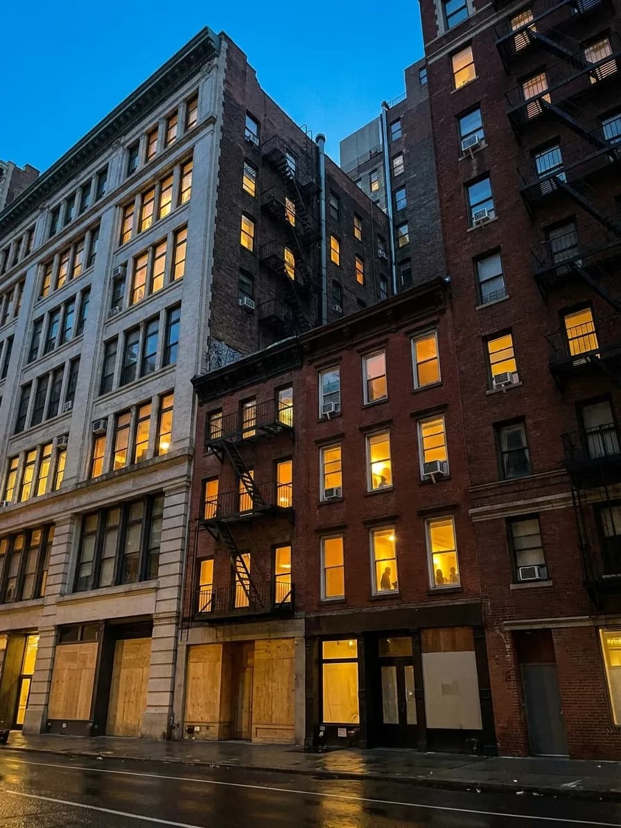 A dense Midtown Manhattan side street at dusk with stacked storefronts rising several floors above the pavement