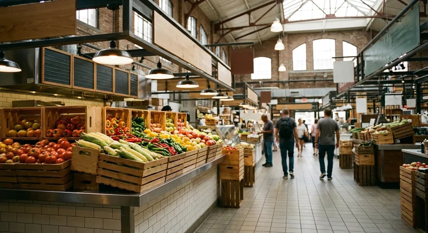 Stalls inside a covered New York food market with produce crates and a tiled counter
