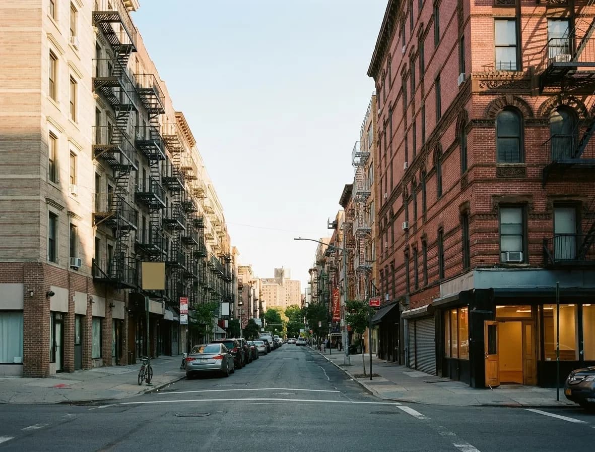 A quiet Lower East Side street on a weekday afternoon, low tenement buildings and a single open shopfront
