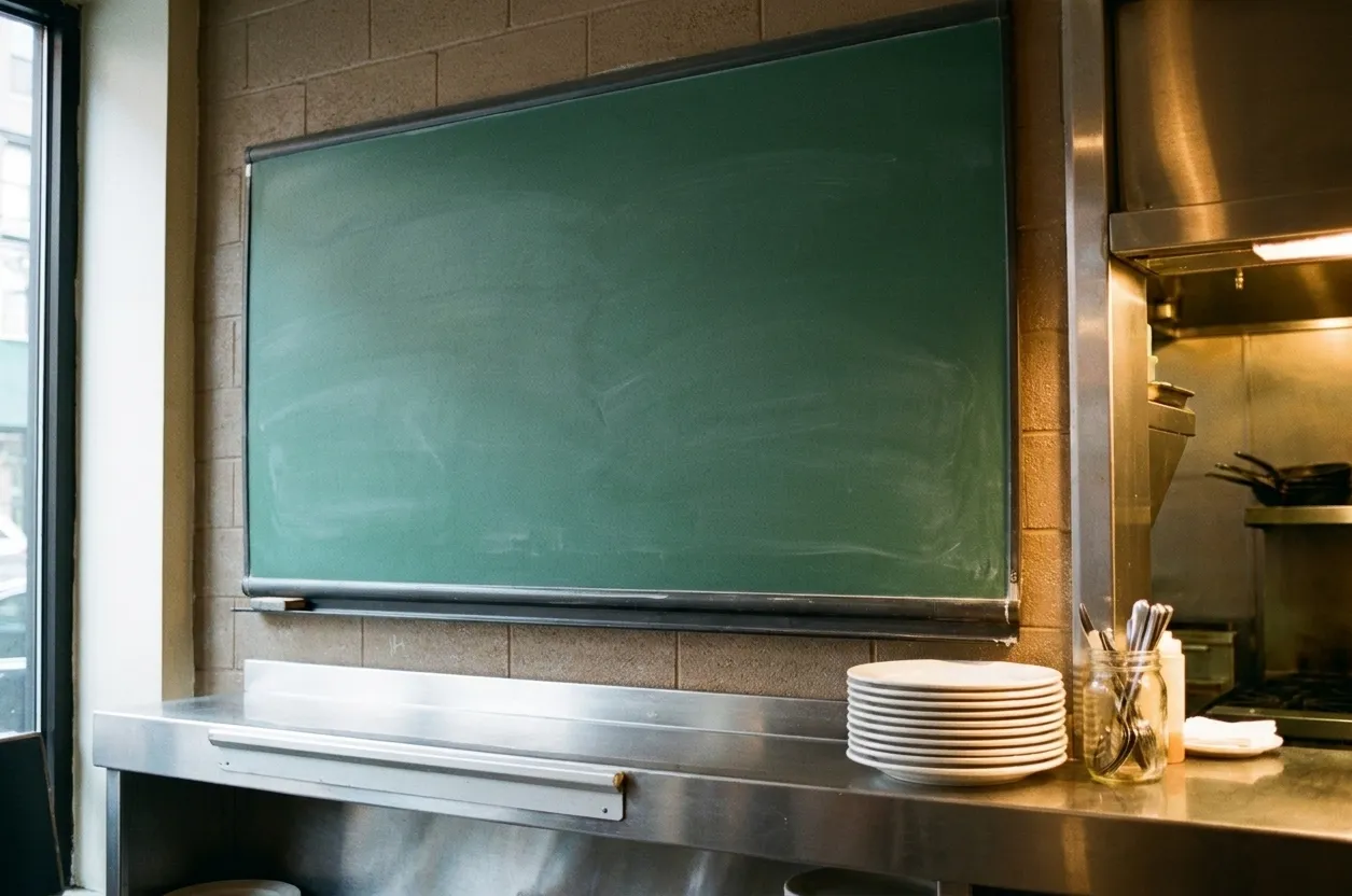 A handwritten-free chalkboard-style blank menu panel above a small restaurant service counter
