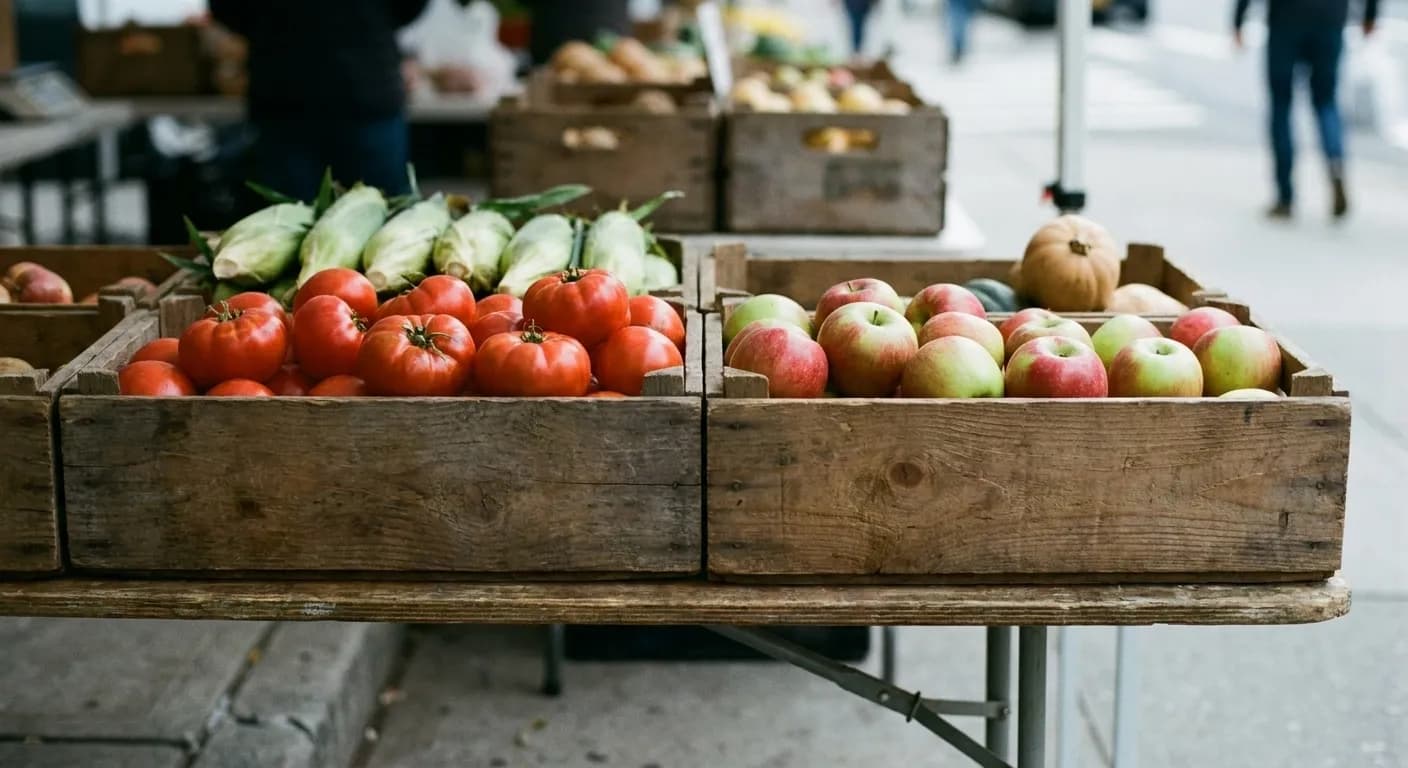 A wooden market crate of late-summer produce on a New York sidewalk under early autumn light
