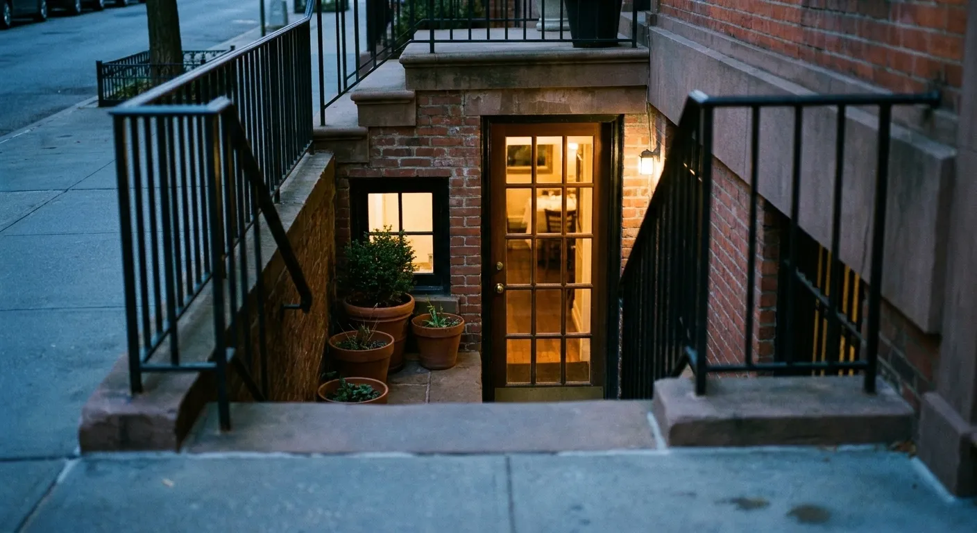 A small basement-level restaurant doorway below street level with steps down from the pavement