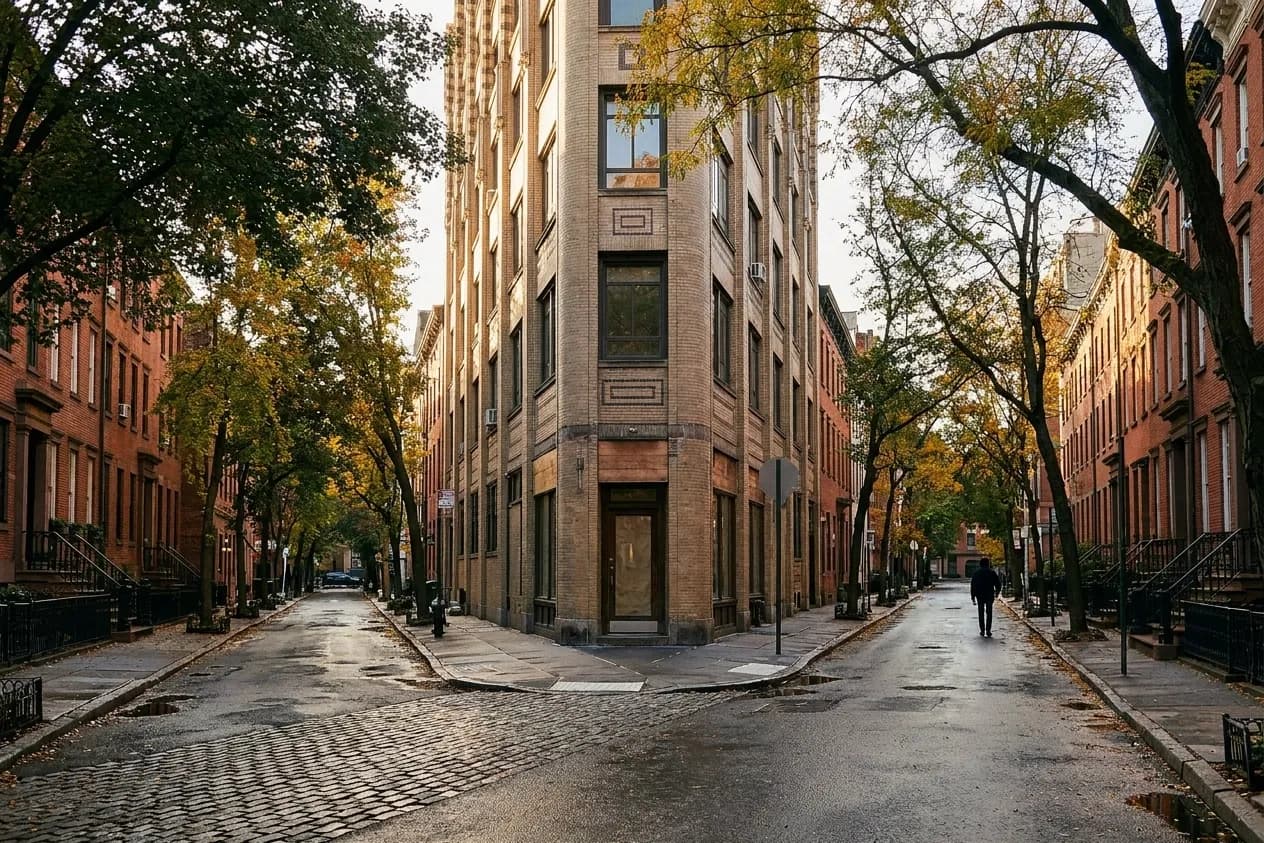 A crooked tree-lined West Village corner where two low brick streets meet at an odd angle