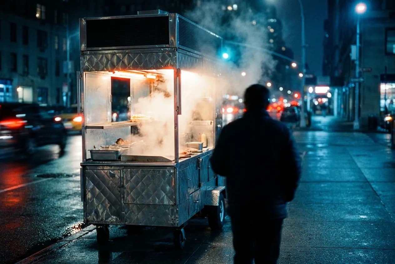 A street food cart on a New York corner at night with steam rising from the griddle