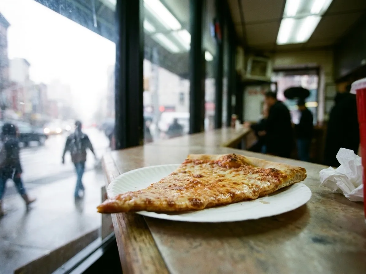 A paper plate holding a plain pizza slice balanced on a narrow standing counter by a window