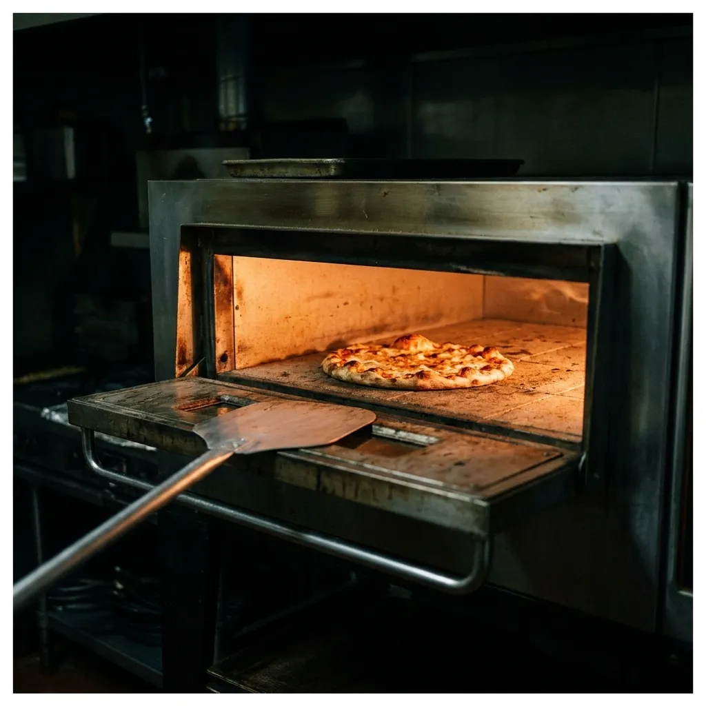 The open mouth of a deck oven with a pizza on the stone floor inside