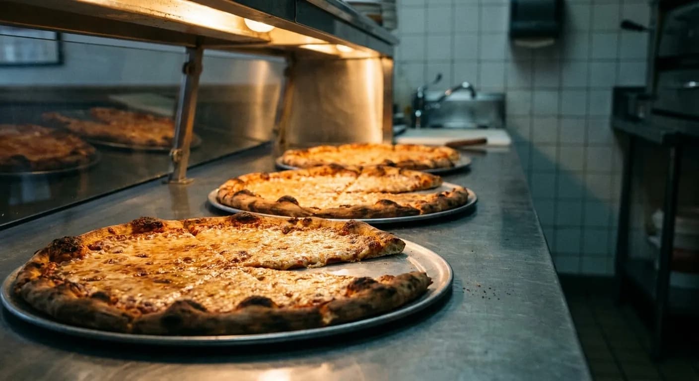 Whole pizzas resting on a stainless counter beneath a warming lamp in a narrow New York pizzeria