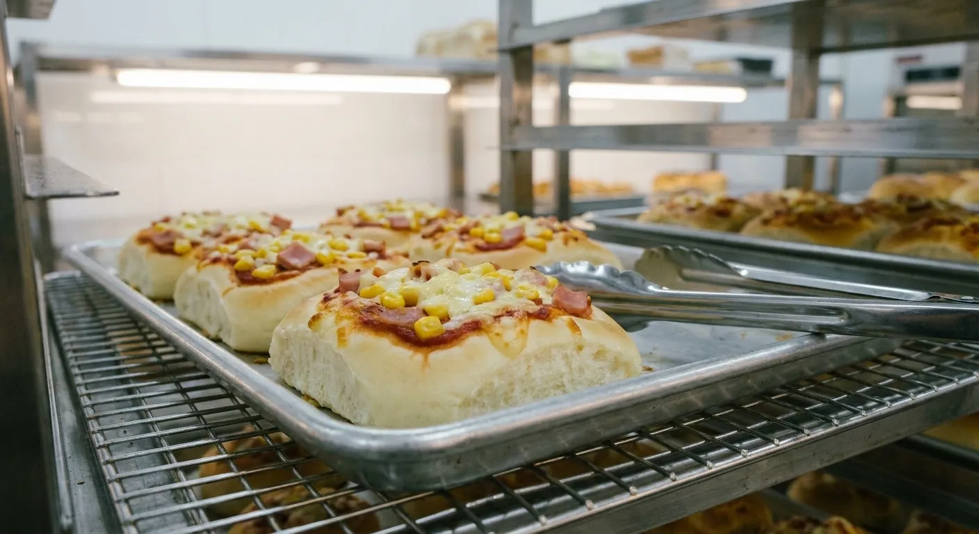 A tray of square baked dough with cheese cooling on a rack behind a bakery counter