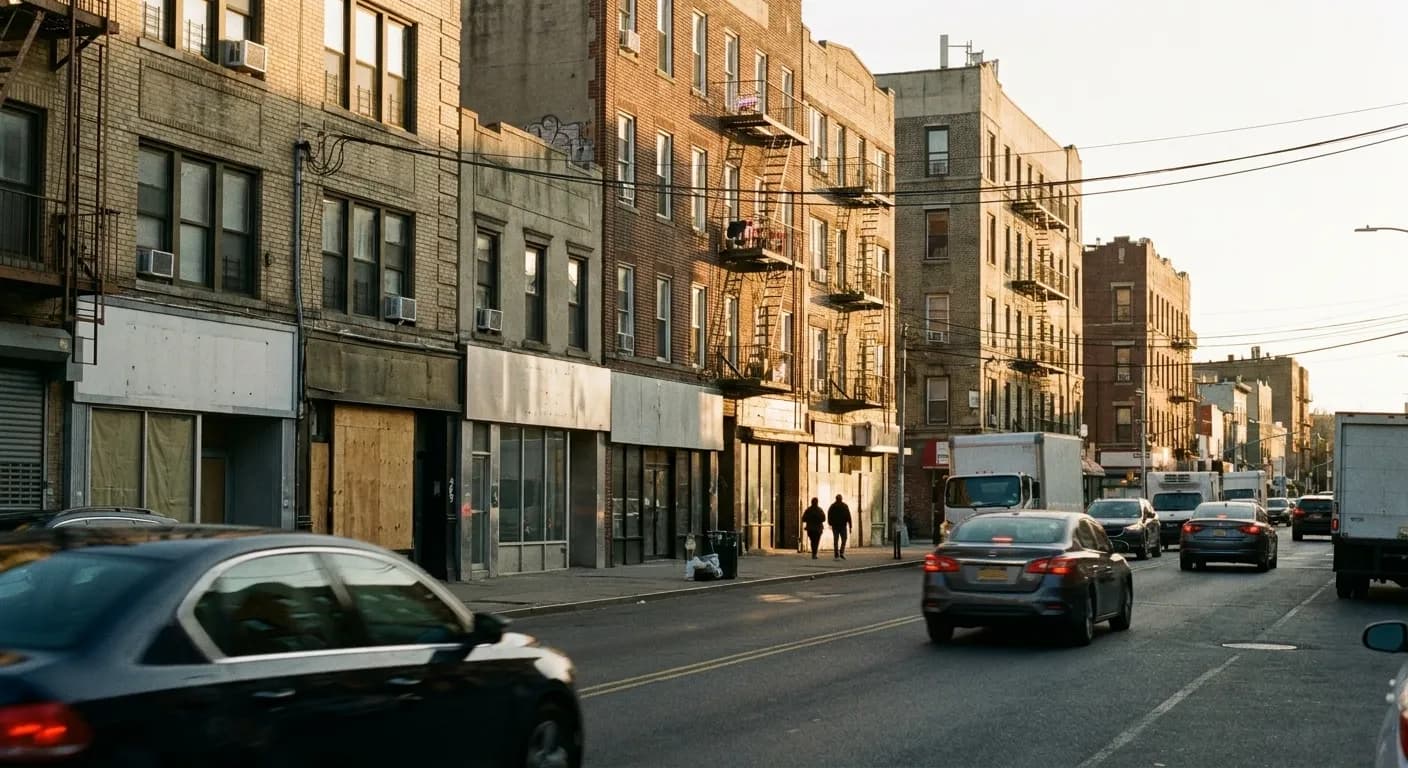 A busy Queens commercial street of low-rise buildings with stacked upper-floor businesses